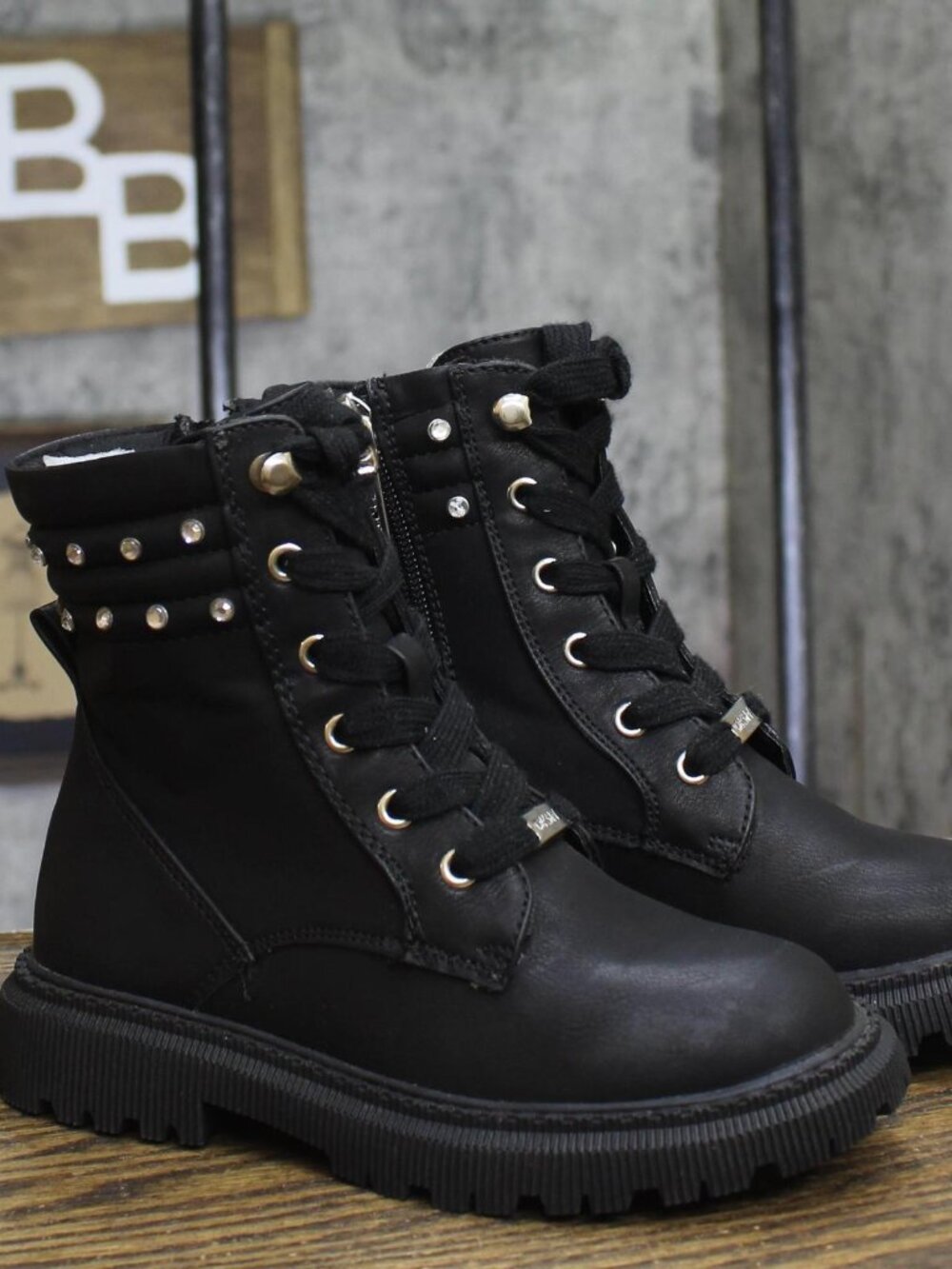 DKNY Girls Studded Lace Up Combat Boots Black 12T